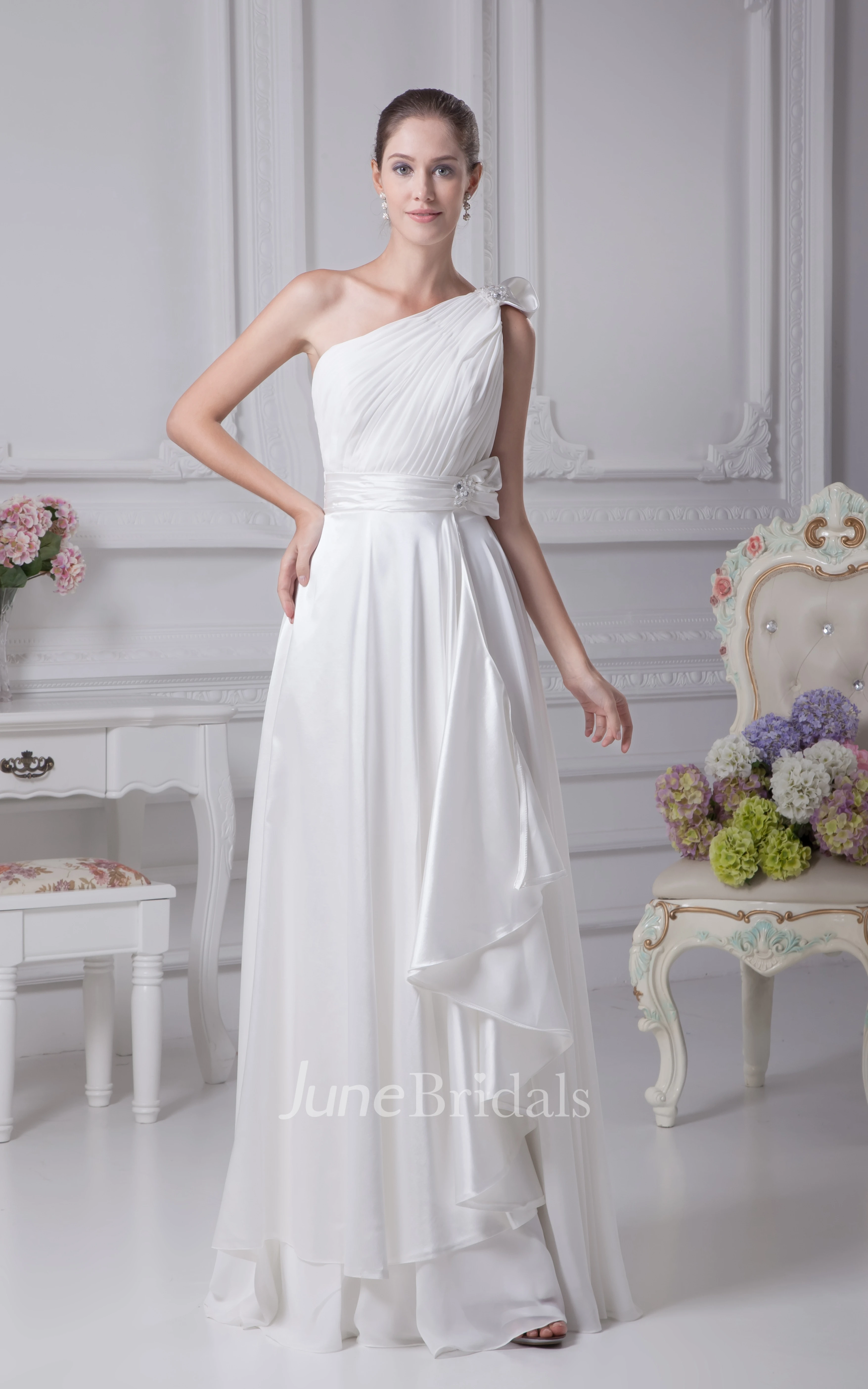 One-Shoulder Chiffon Ruched Floor-Length Dress With Draping