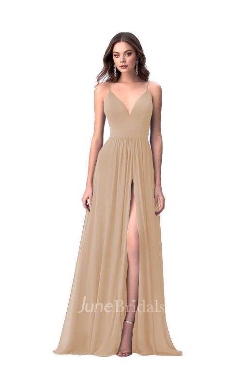 Romantic A-Line Spaghetti V-neck Chiffon Bridesmaid Dress with Split Front