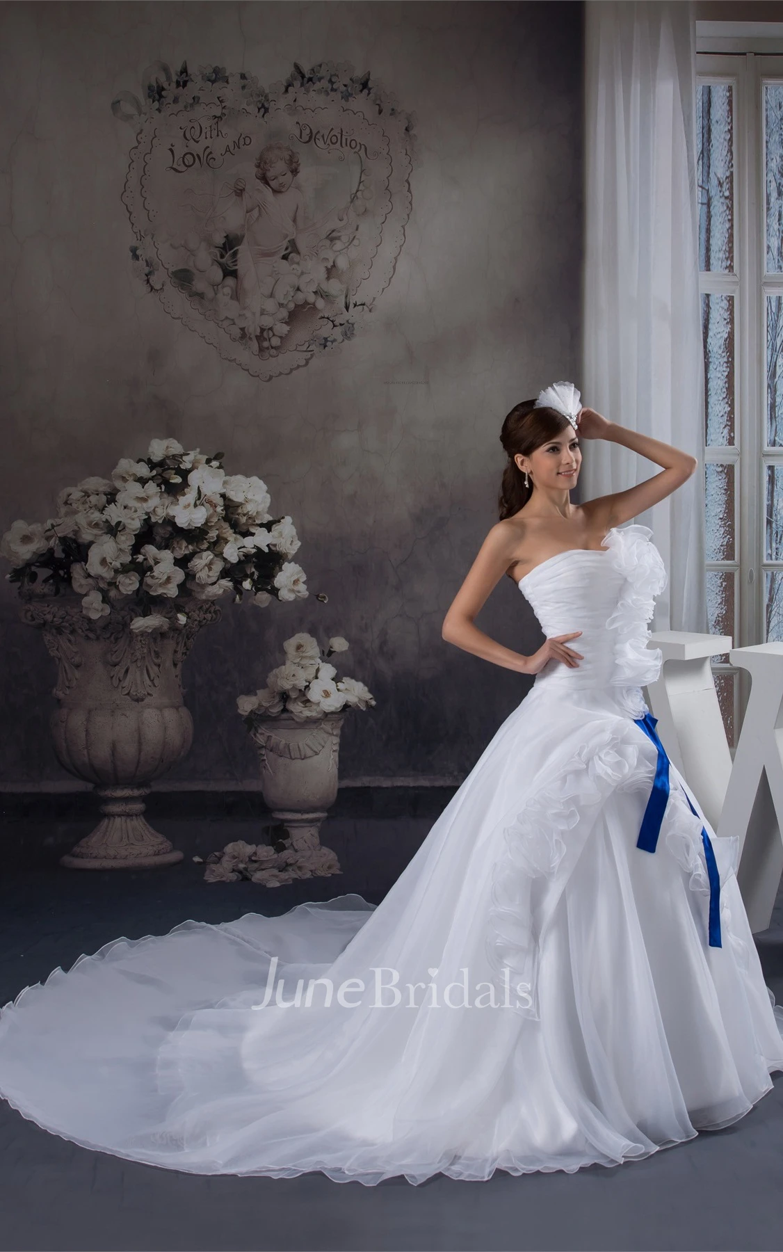 Strapless Ruched Pick-Up Gown with Flower and Ribbon