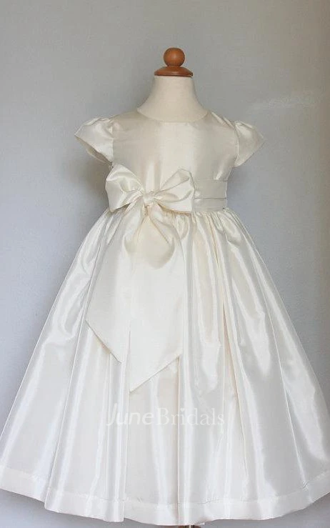 Cap Sleeve Taffeta Dress With Pleats and Bow Belt