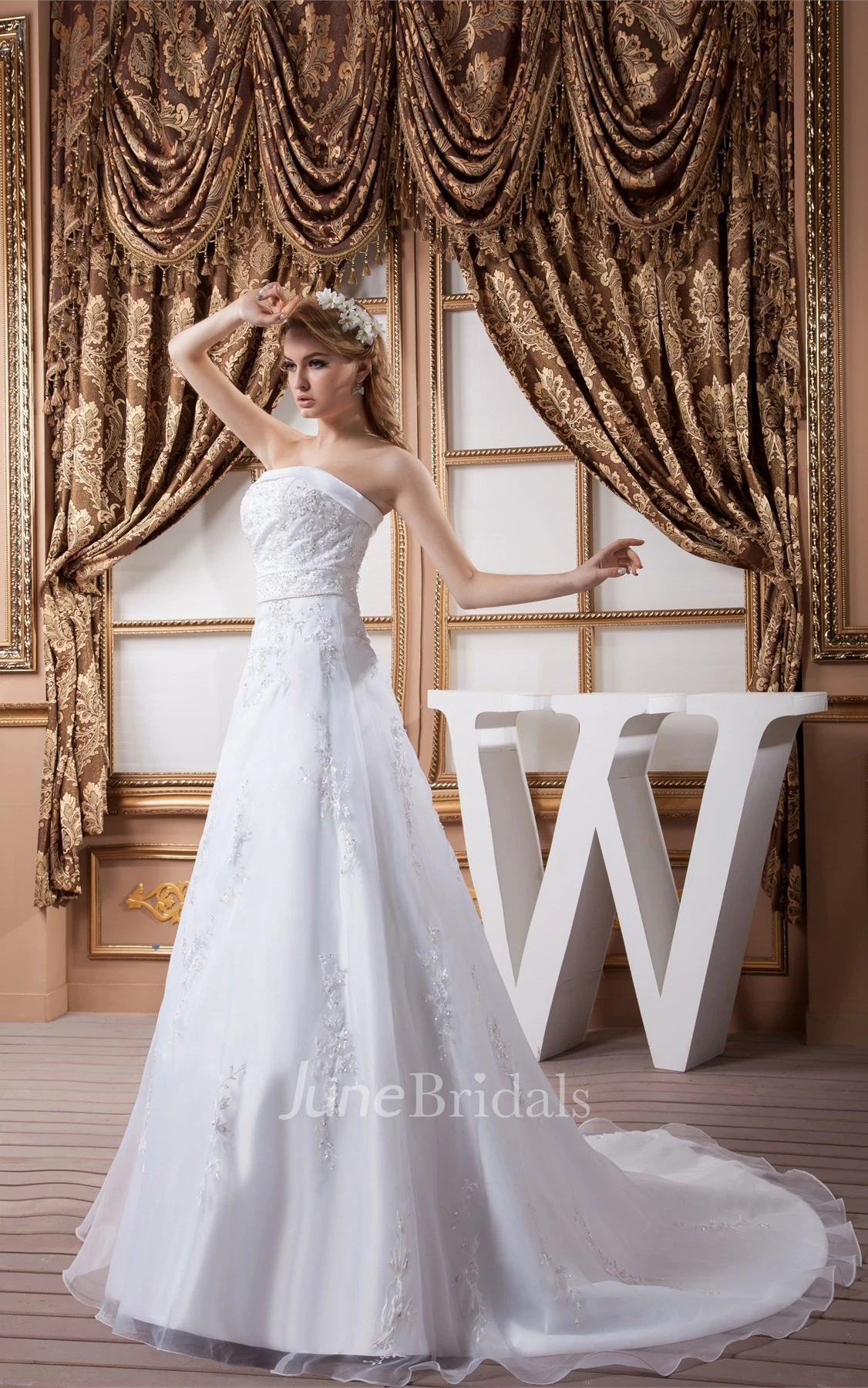 Strapless Lace A-Line Gown with Beading and Zipper Back