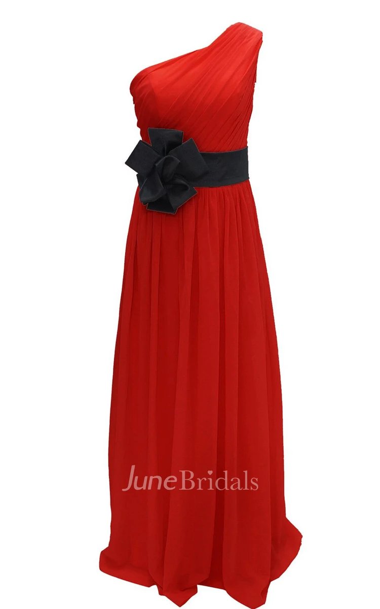 One-shoulder Pleated Chiffon A-line Gown With Floral Band