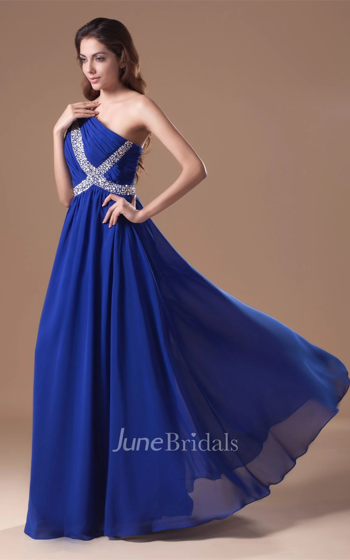 one-shoulder floor-length chiffon dress with strass