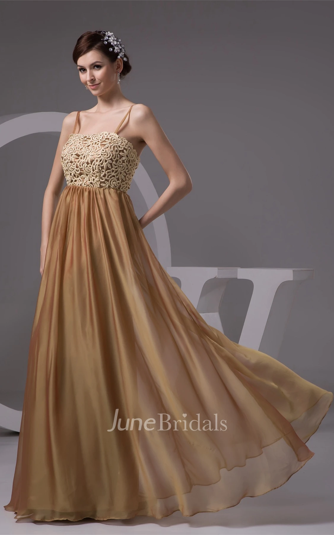 Spaghetti-Strap Floor-Length Gown with Pleats and Lace