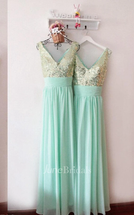 Sparkly Sleeveless V-neck Chiffon Dress With Sequined Bodice