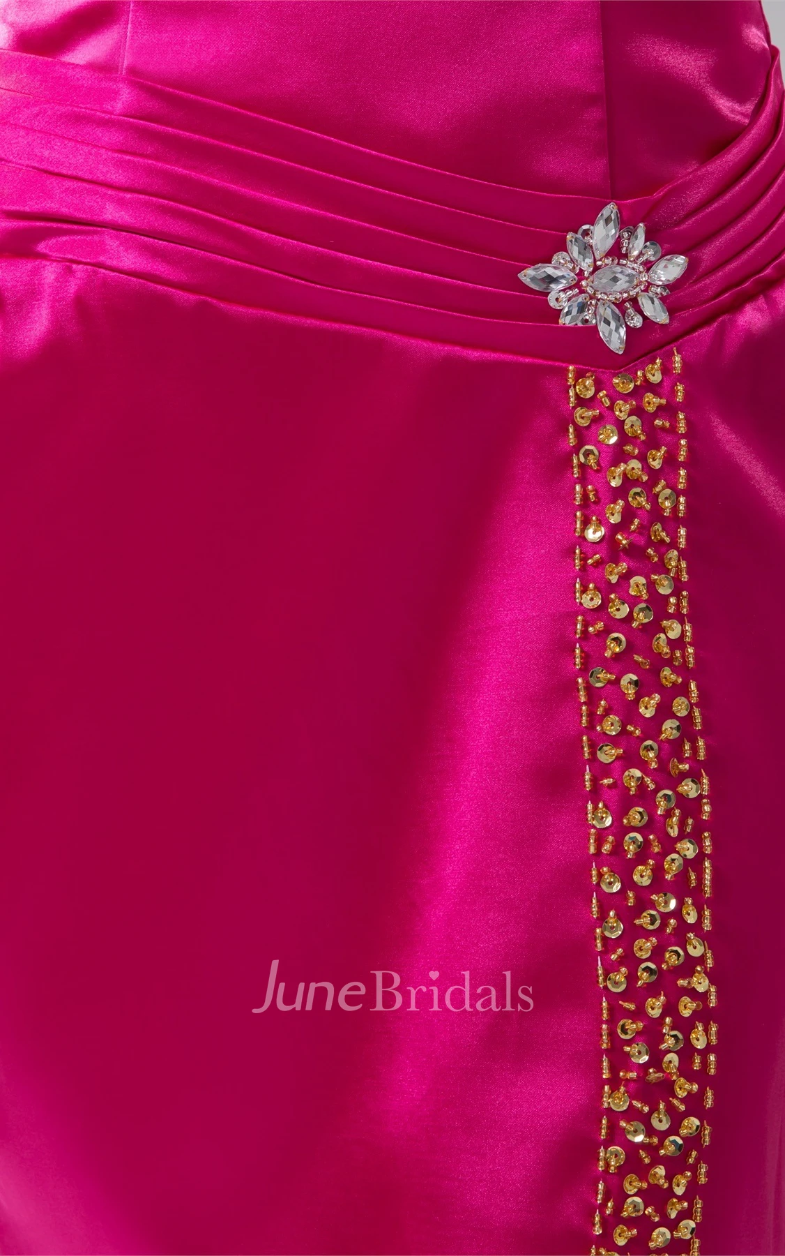 Satin Plunged Front-Split Gown with Broach and Beading