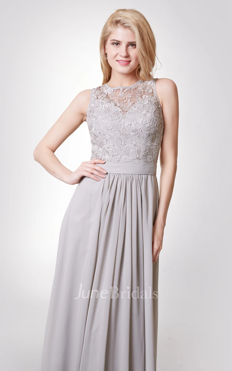 Lace Top Bateau Neck Chiffon Long Dress With Back Keyhole