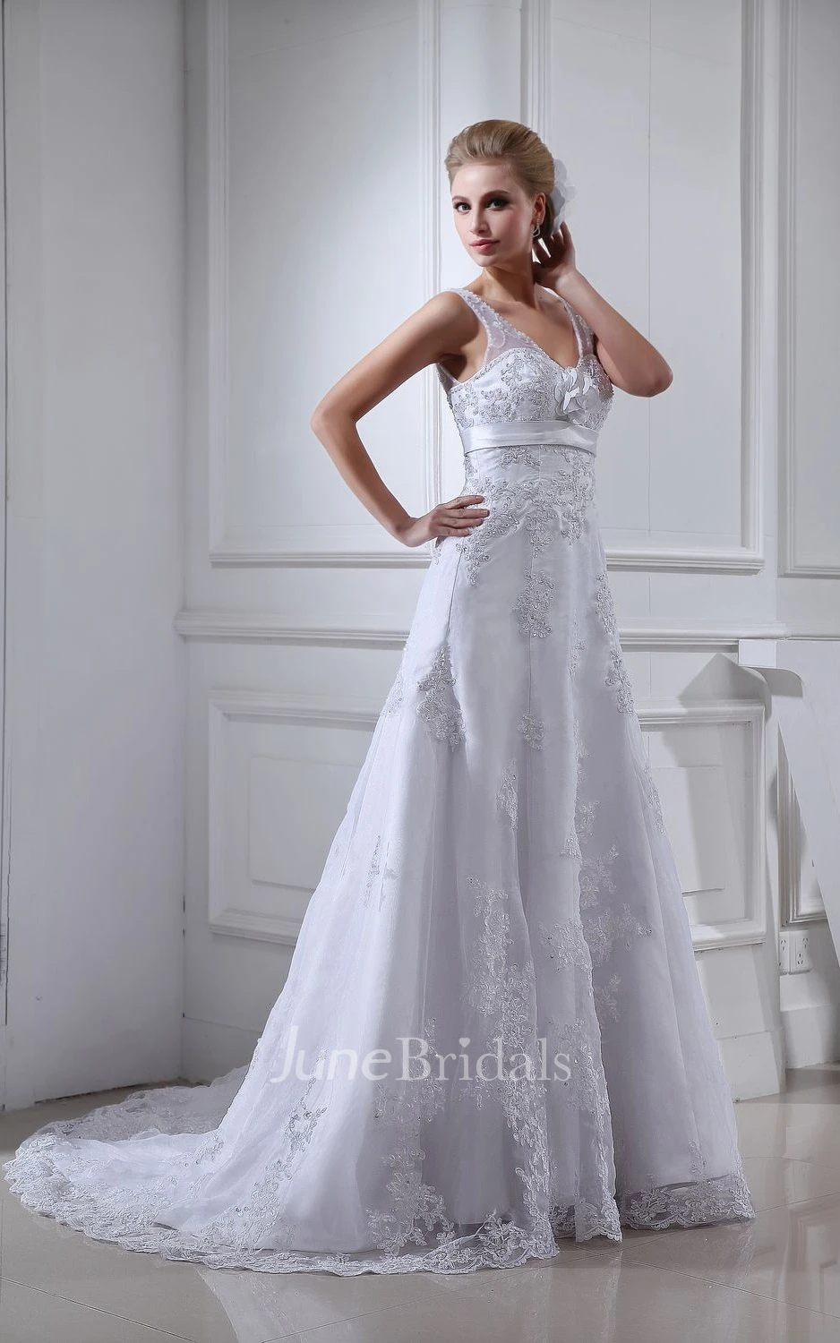 Strapped Lace Sheath Floor-Length Dress With Flower and V-Back Design