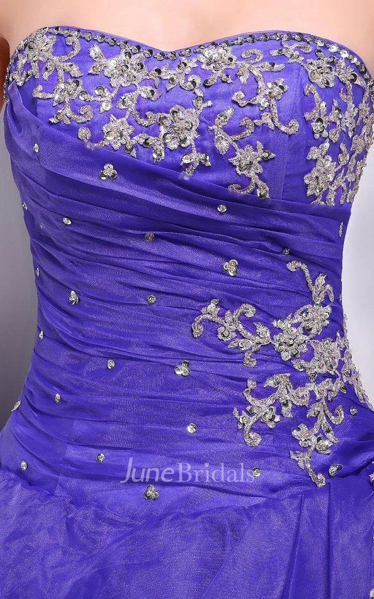 Strapless Ball Gown With Ruffles and Appliques