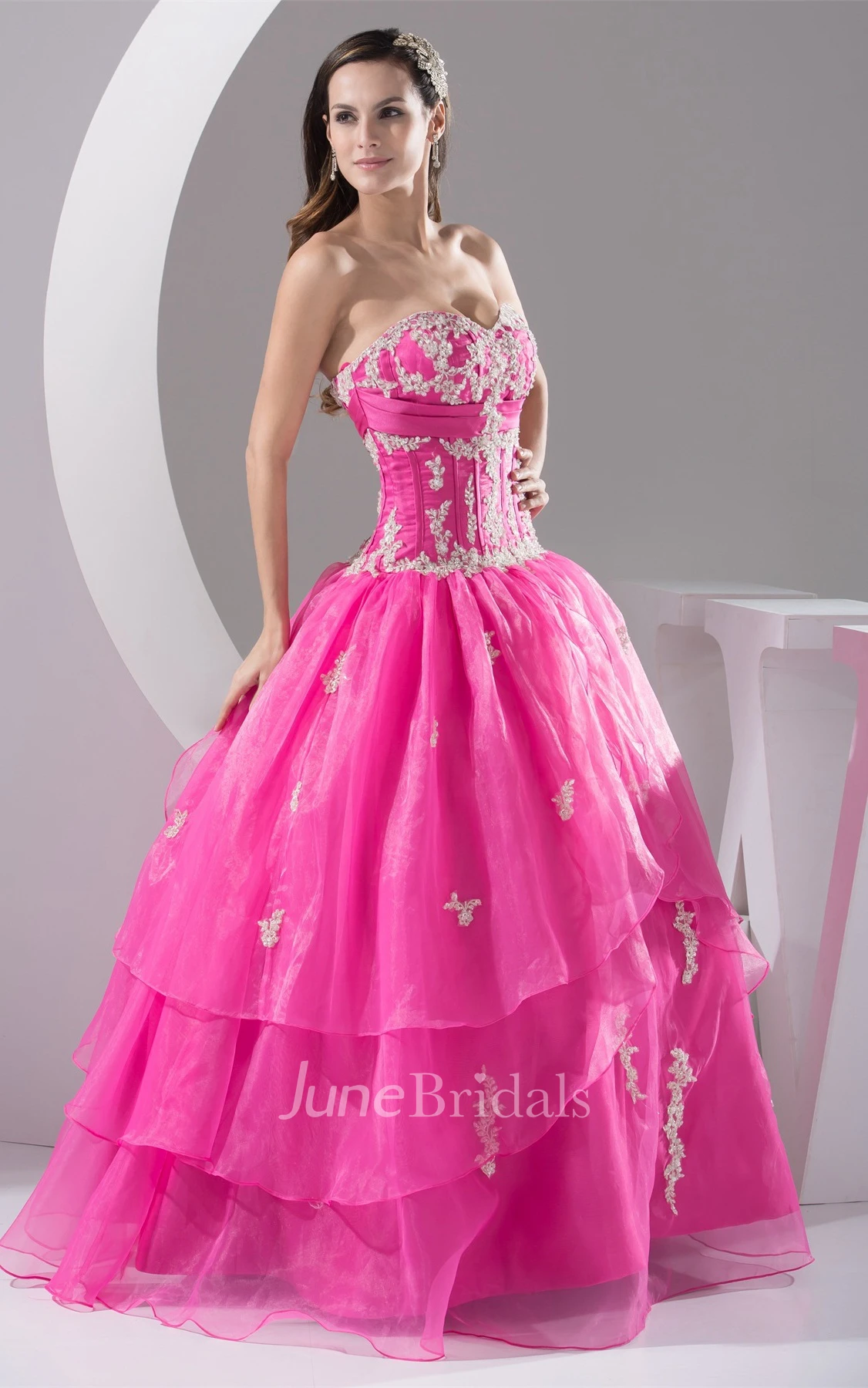 Sweetheart Pleated Ball Gown with Appliques and Ruched Bodice