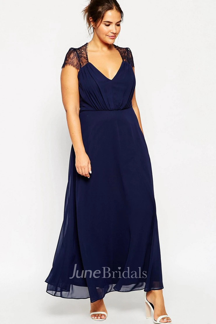 Cap-sleeve V-neck Ankle-length Chiffon Dress With Lace