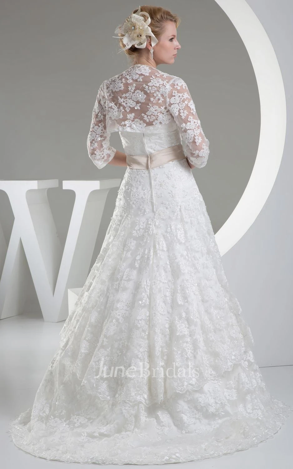 Strapless Lace A-Line Dress With Satin Waist and Bolero