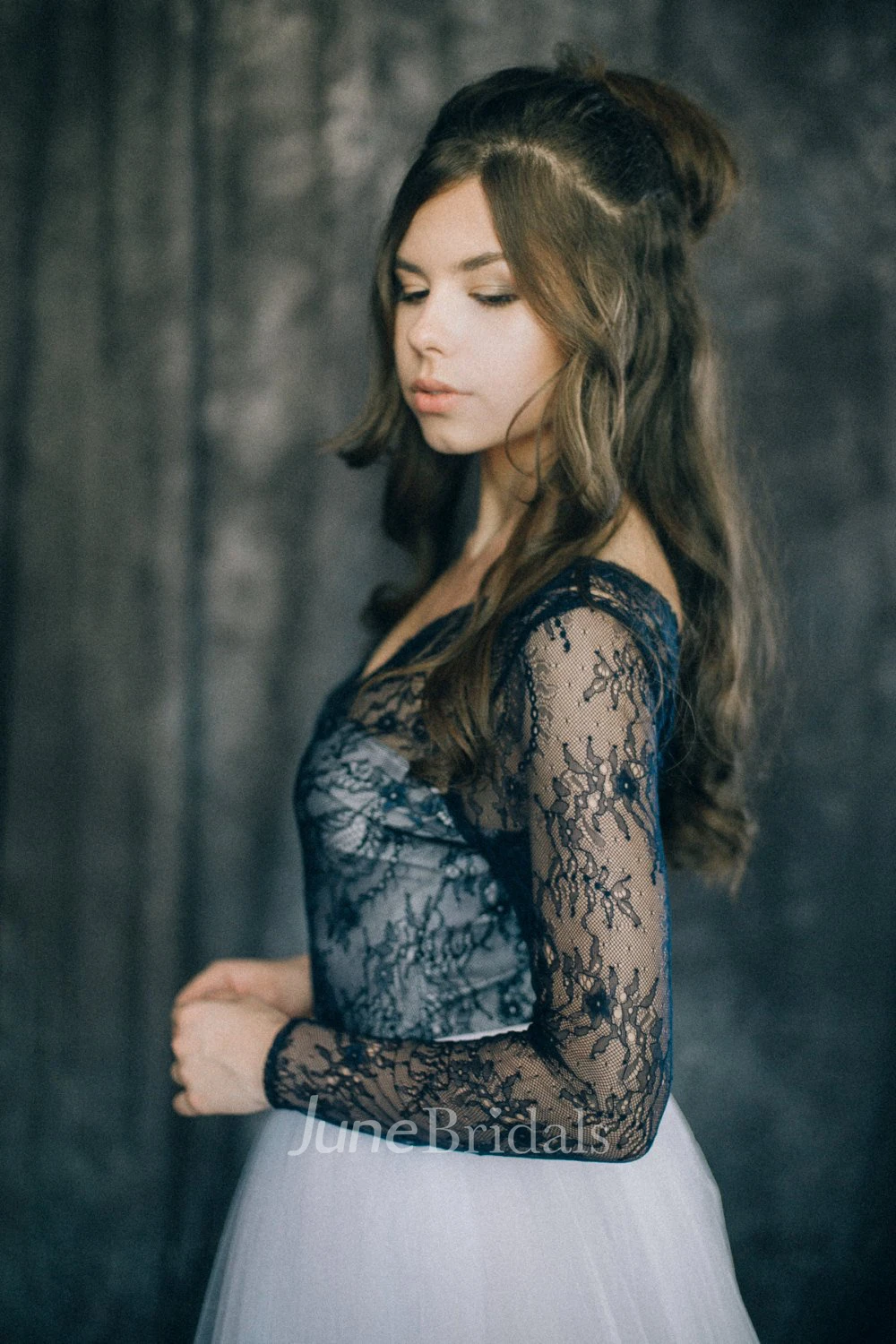 Sheath V-neck Floor-length Long Sleeve Dress Illusion Low-V Back Black Wedding Dress