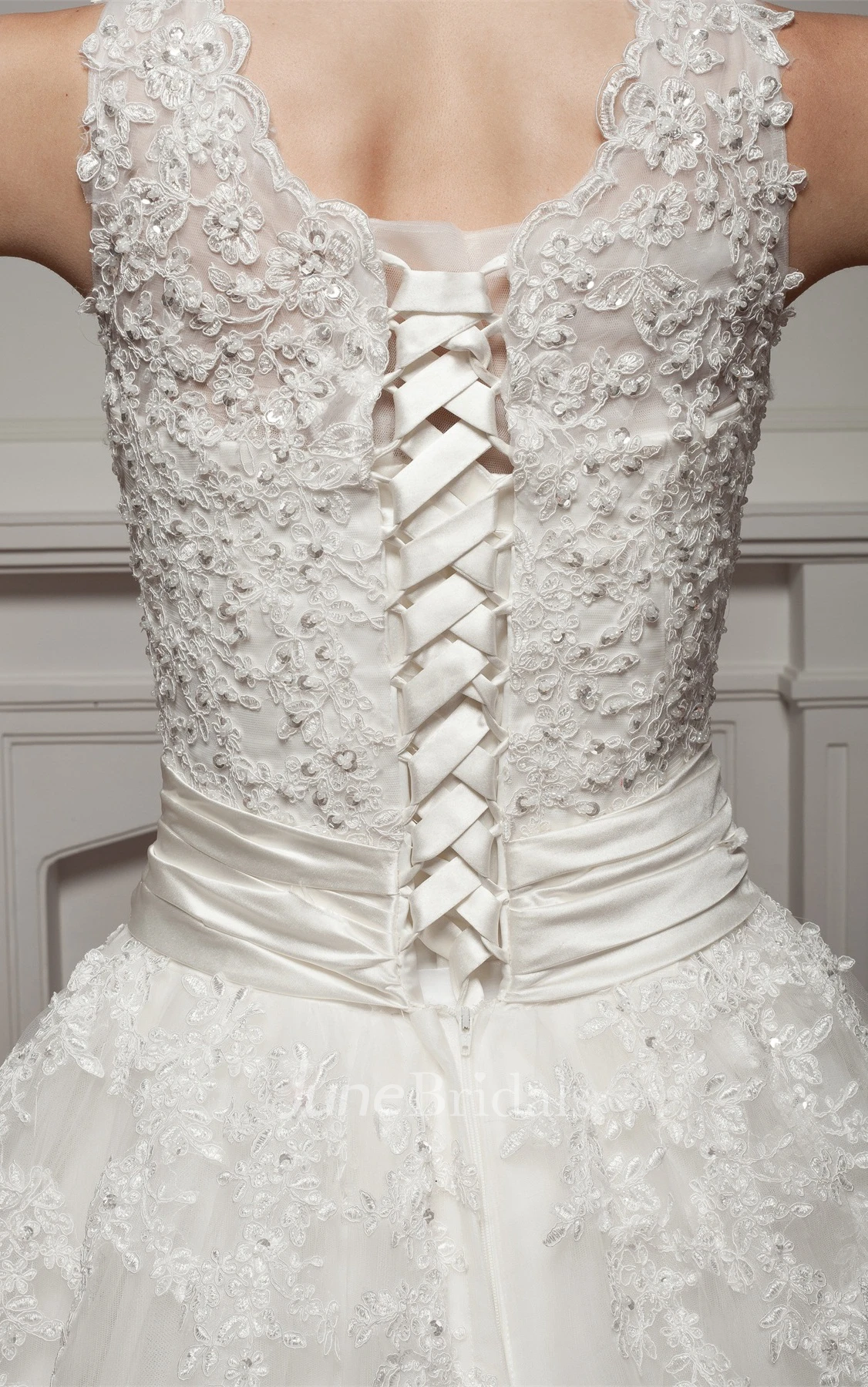 Bateau-Neck Sleeveless Ball Gown with Appliques and Tulle Overlay