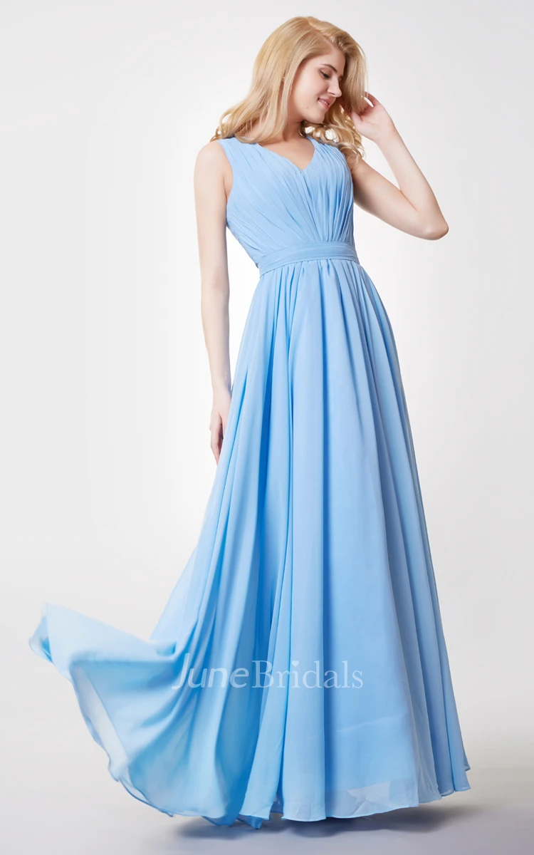 V-neck A-line Chiffon Long Bridesmaid Dress with Keyhole Back