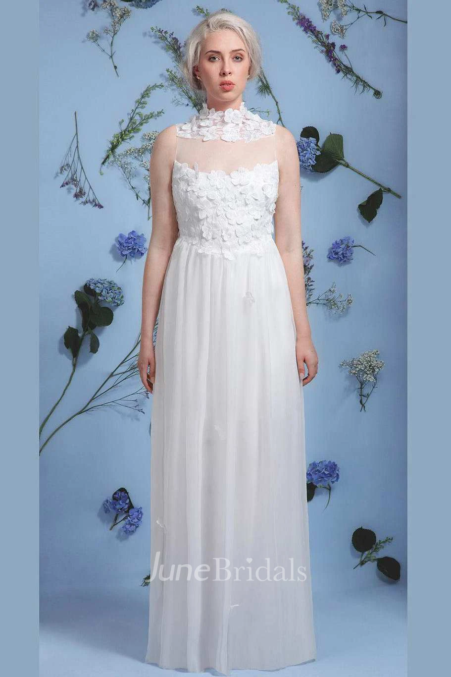 High Neck Illusion Sleeve Chiffon Lace Wedding Dress