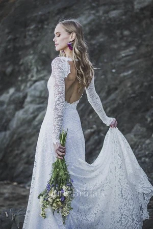 Long Sleeve Sexy A-line Lace Wedding Dress With V-neck And Keyhole