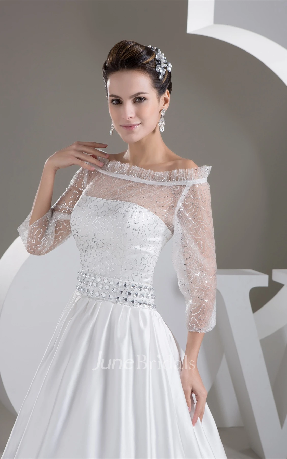 Off-The-Shoulder Satin A-Line Gown with Illusion and Gemmed Waist