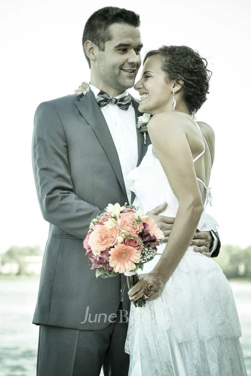 Beach Spaghetti Boho Style Lace Tiered Wedding Dress With Sweep Train