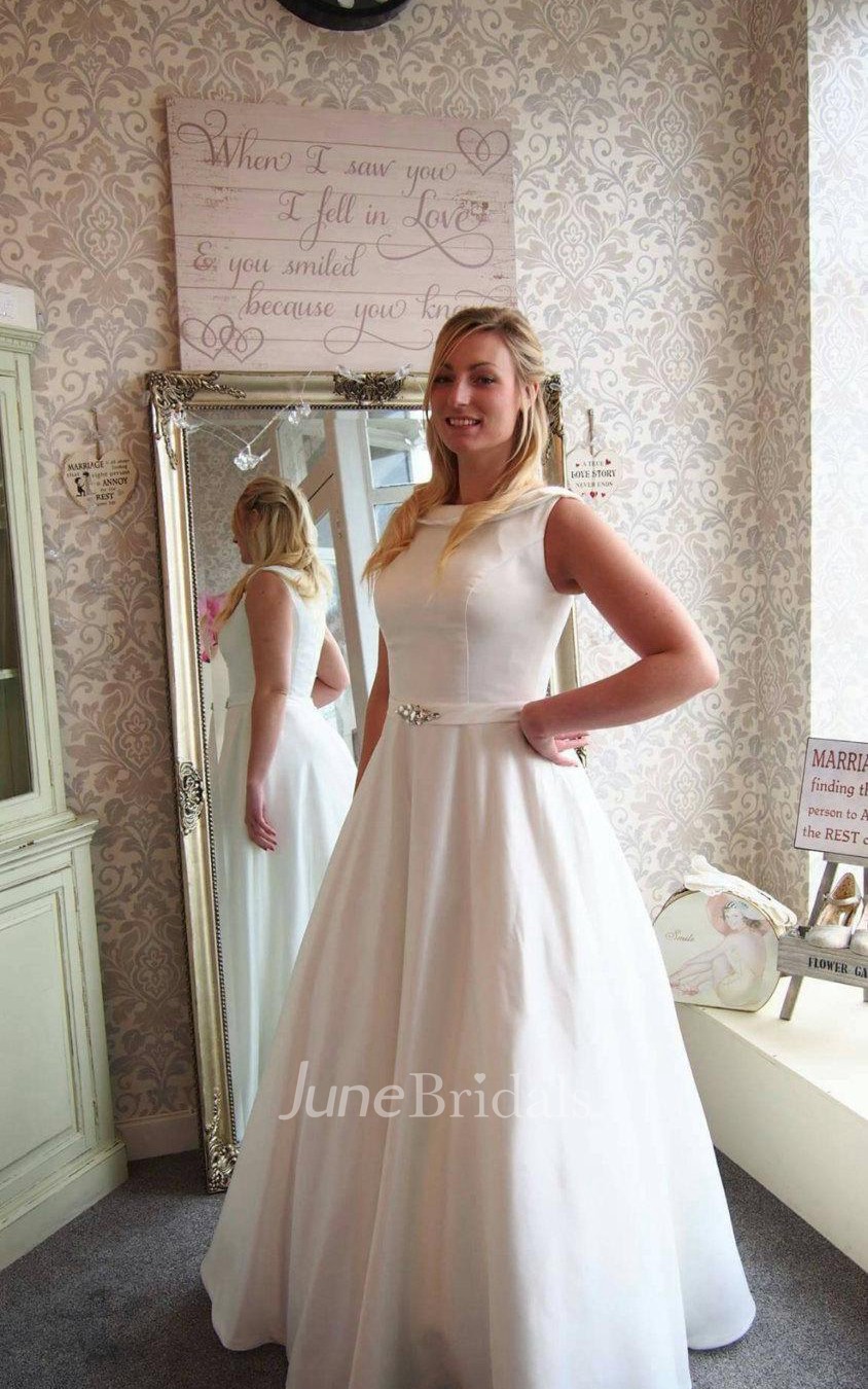 Full Length A Line Satin Wedding Dress With Beaded Sash June Bridals