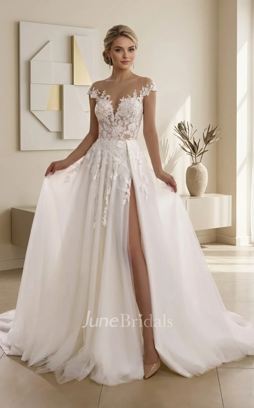 A-Line Off-the-shoulder Lace Tulle Wedding Dress Sexy Sleeveless Deep V Neckline Gown with Front Slit
