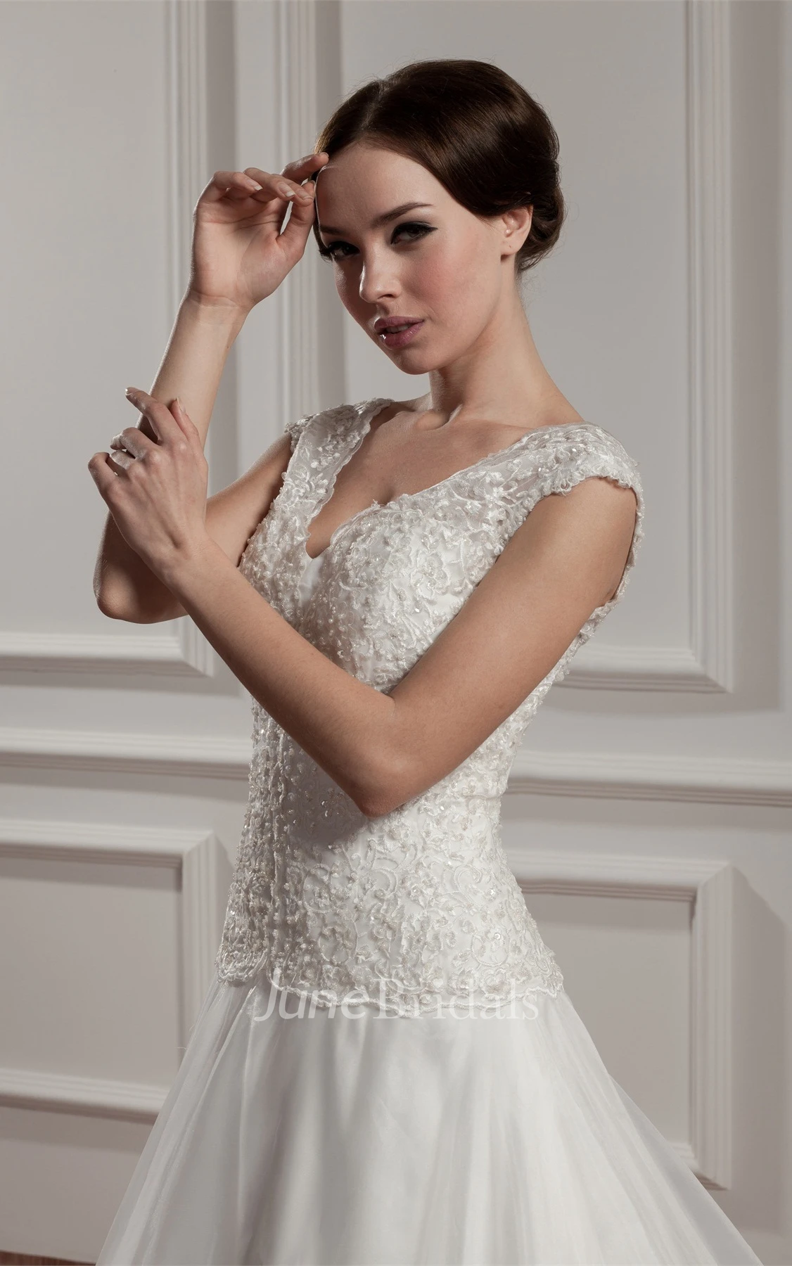 Caped-Sleeve Plunged A-Line Dress with Appliques and Pleats