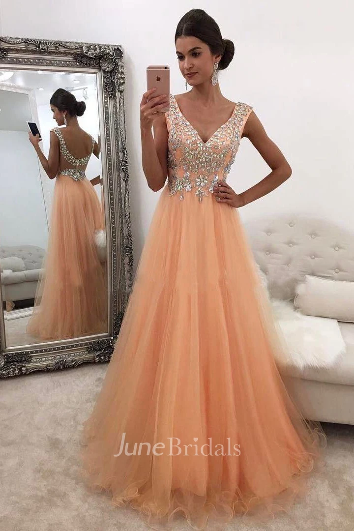 V Neckline Rhinestone Low Back Tulle A line Long Evening Dress