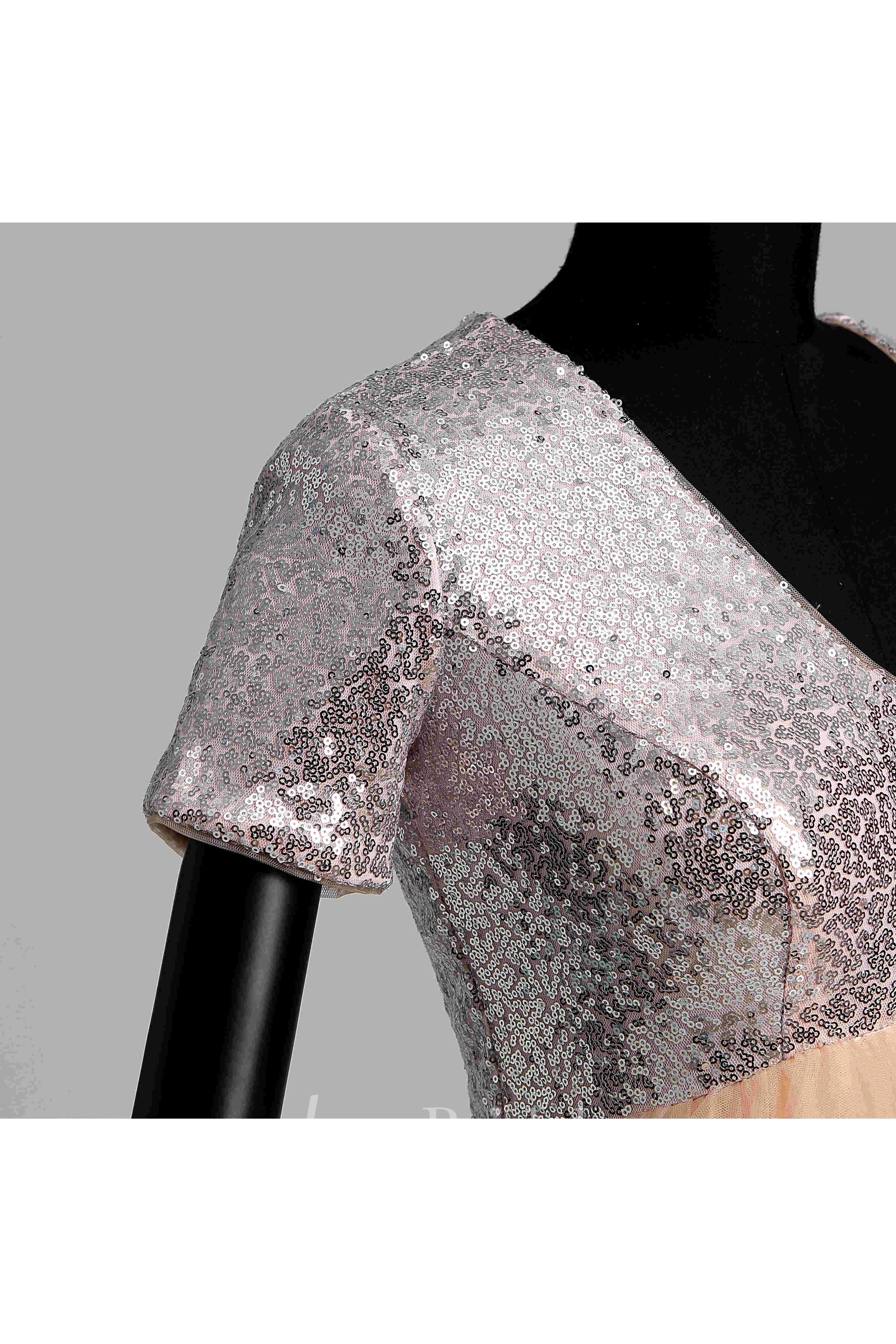 V-neck Short Sleeve Sequined Bodice Dress