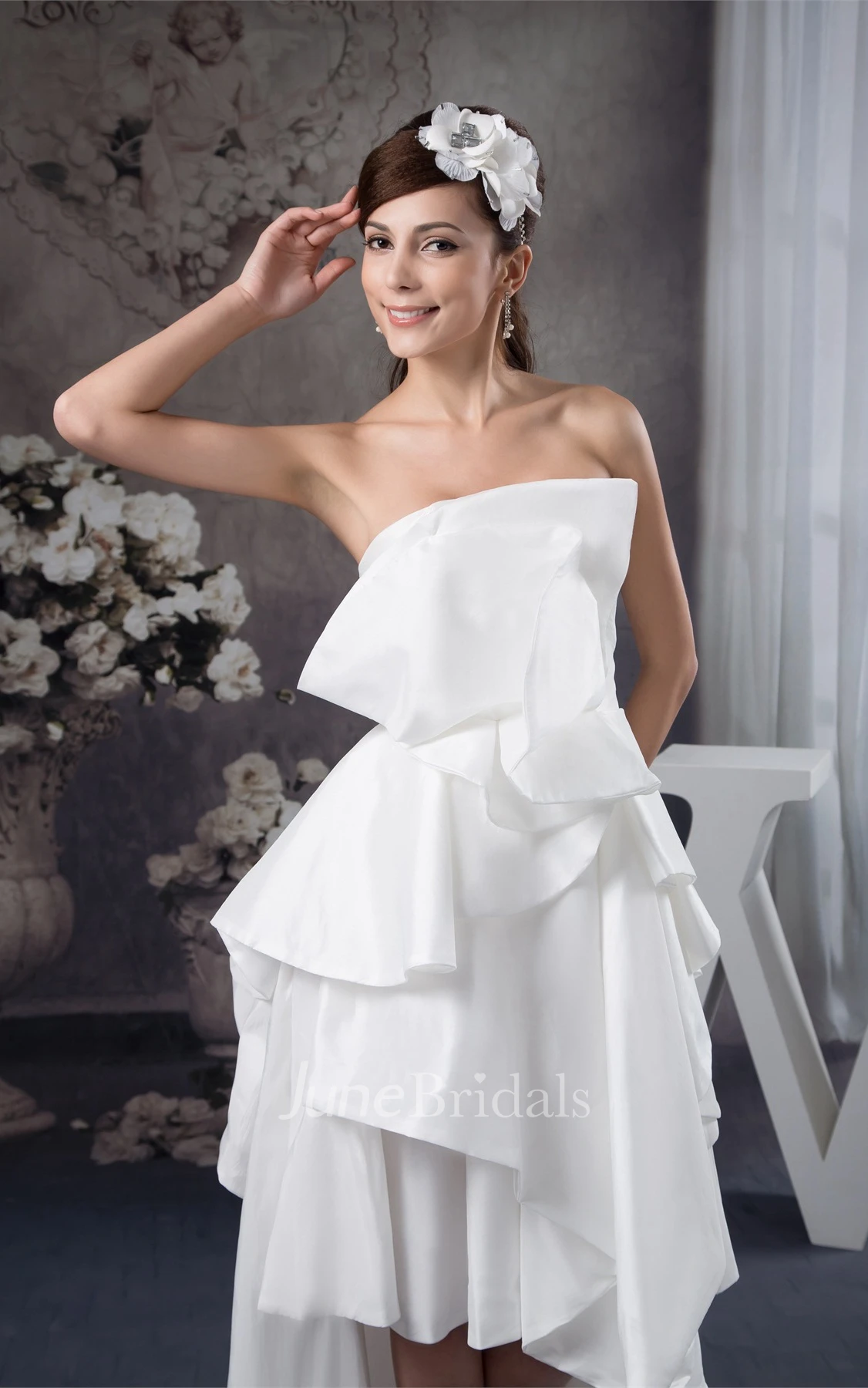 Strapless High-Low Satin Gown with Draped Design