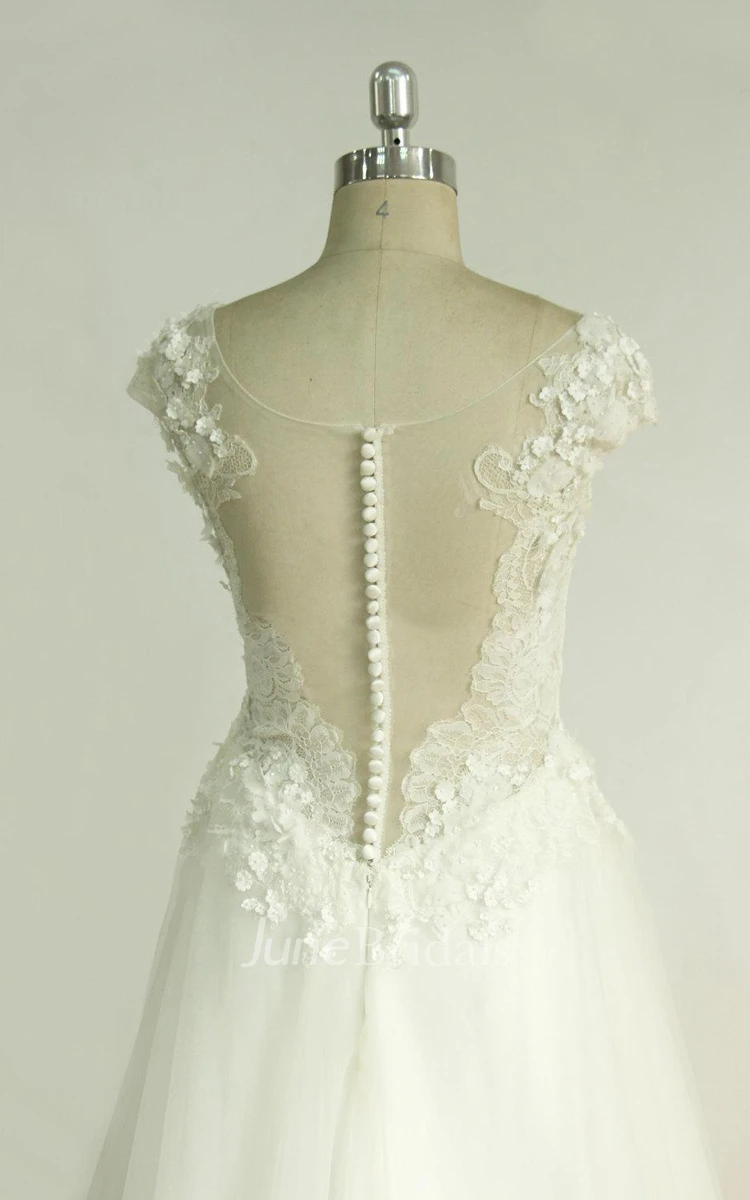 A-Line Tulle Lace Satin Weddig Dress With Flower