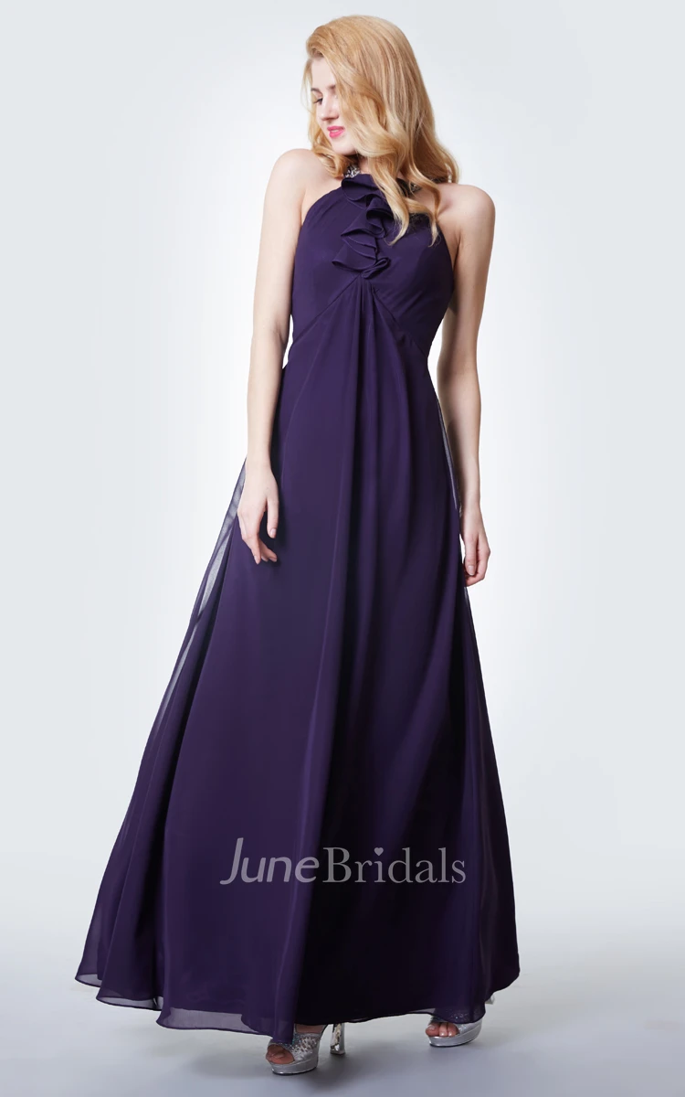 Gracious Halter Neck Empire Waist Chiffon Gown With Ruffled Detailing