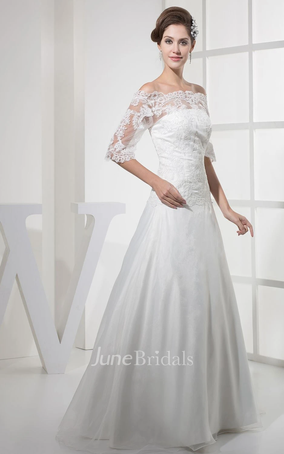 Refined Off-The-Shoulder Lace Maxi Dress With Illusion Half Sleeve