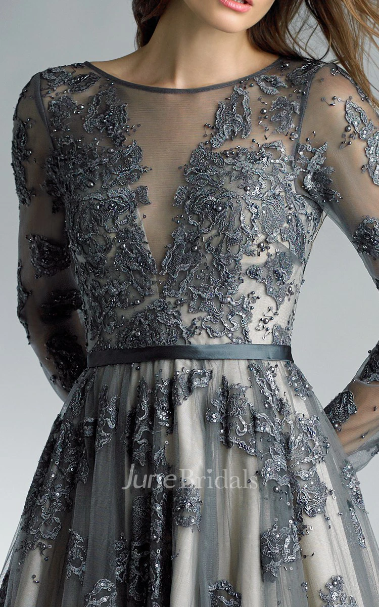 High-Neckline Tulle Floor-Length A-Line Zipper Long-Sleeve Dress