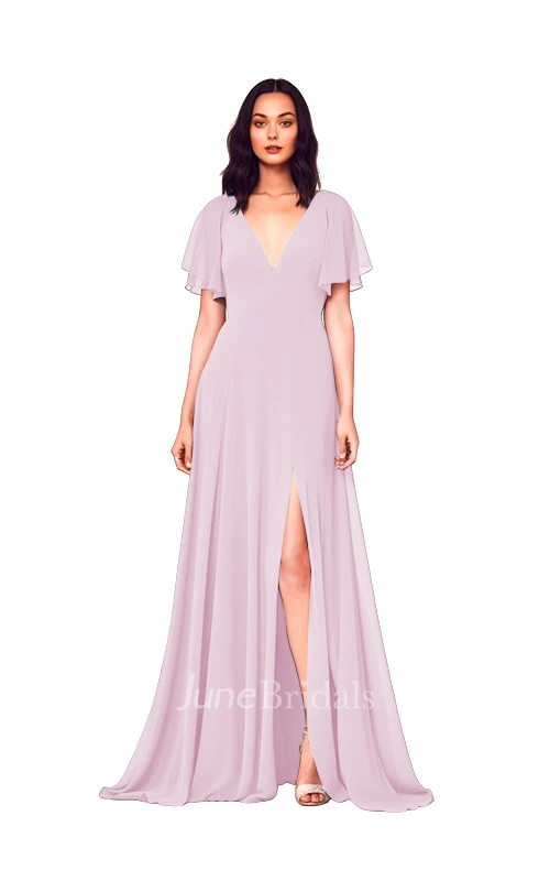 Modest A-Line V-neck Chiffon Bridesmaid Dress with Split Front