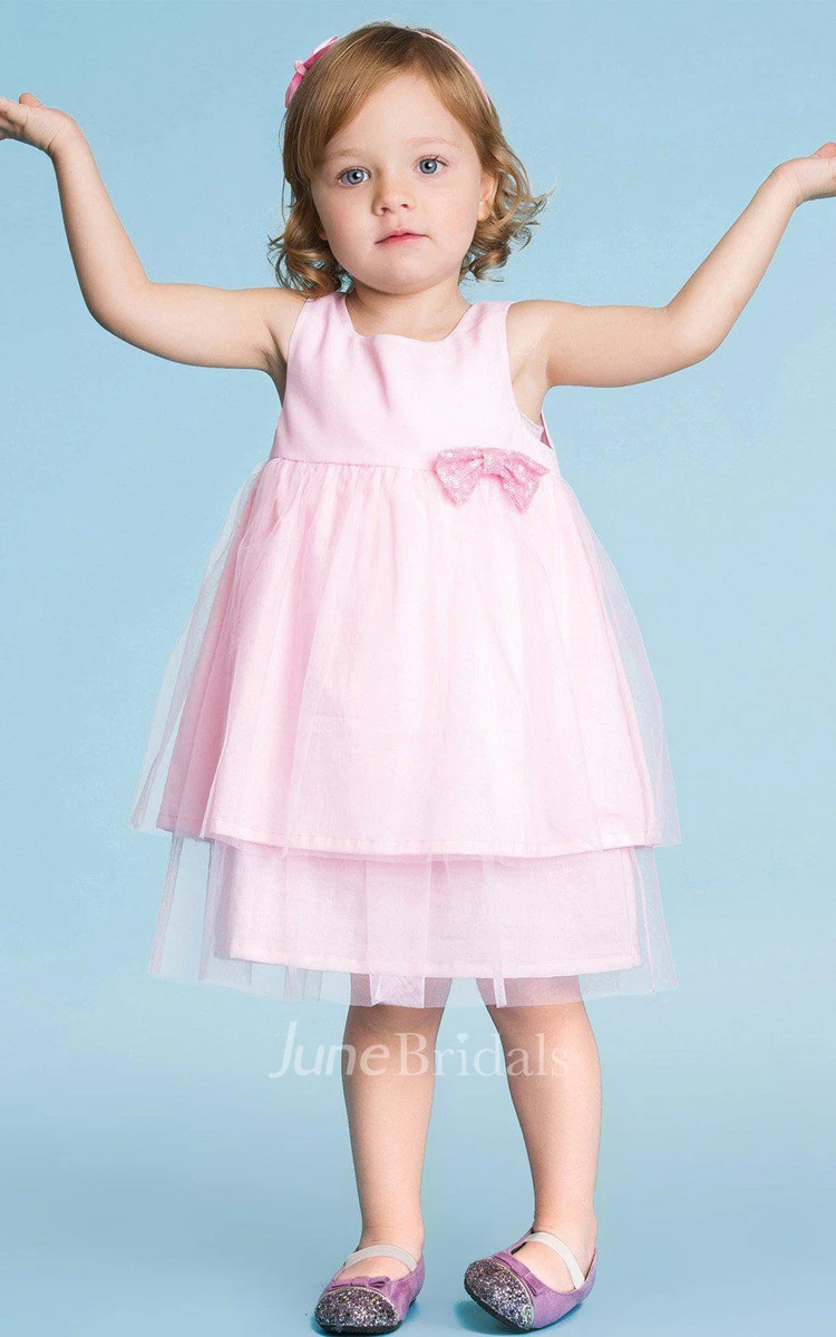 Sleeveless A-line Tiered Tulle Dress With Pleats and Bow