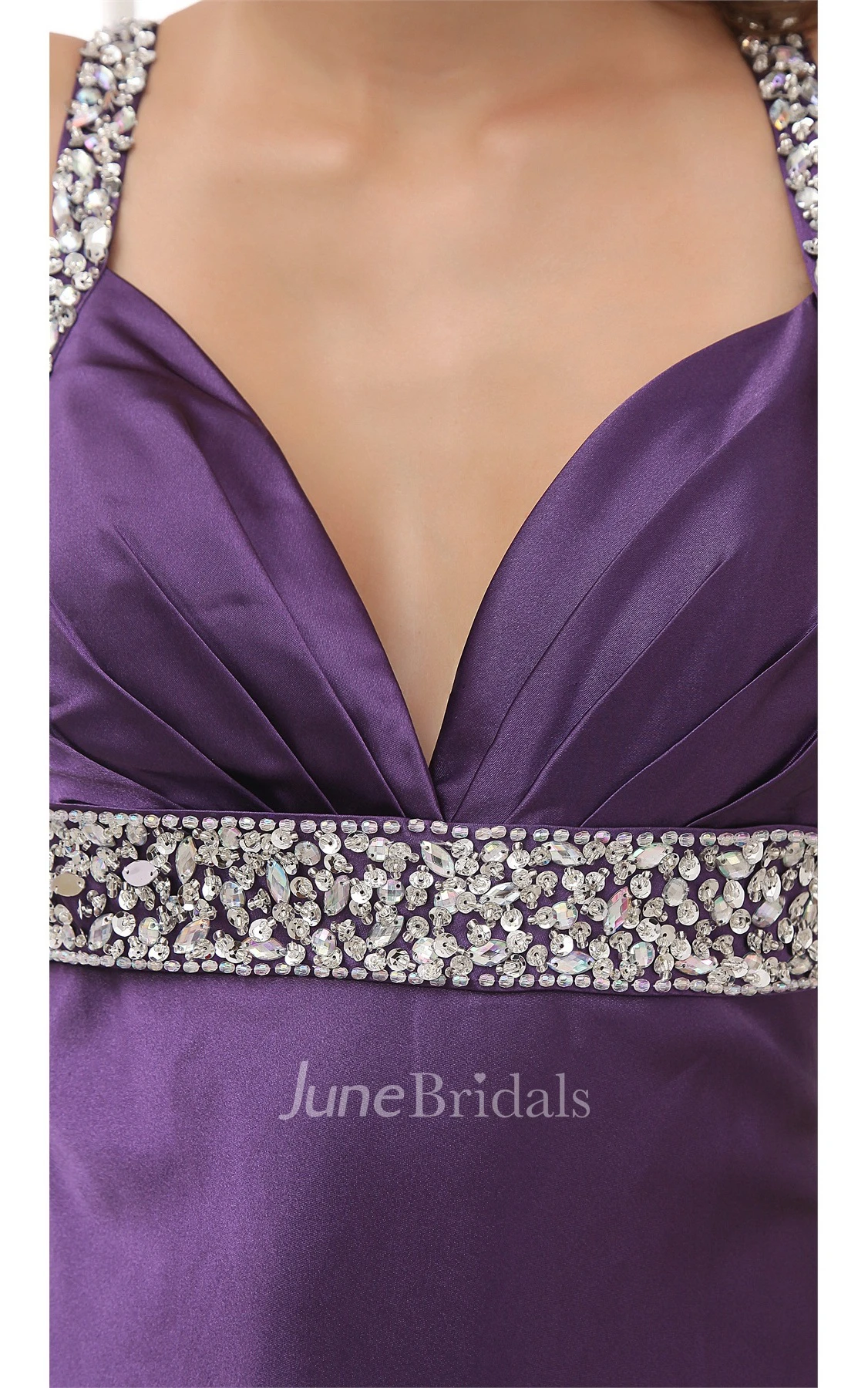 Plunged Front-Split Satin Dress with Gemmed Waist and Sweep Train