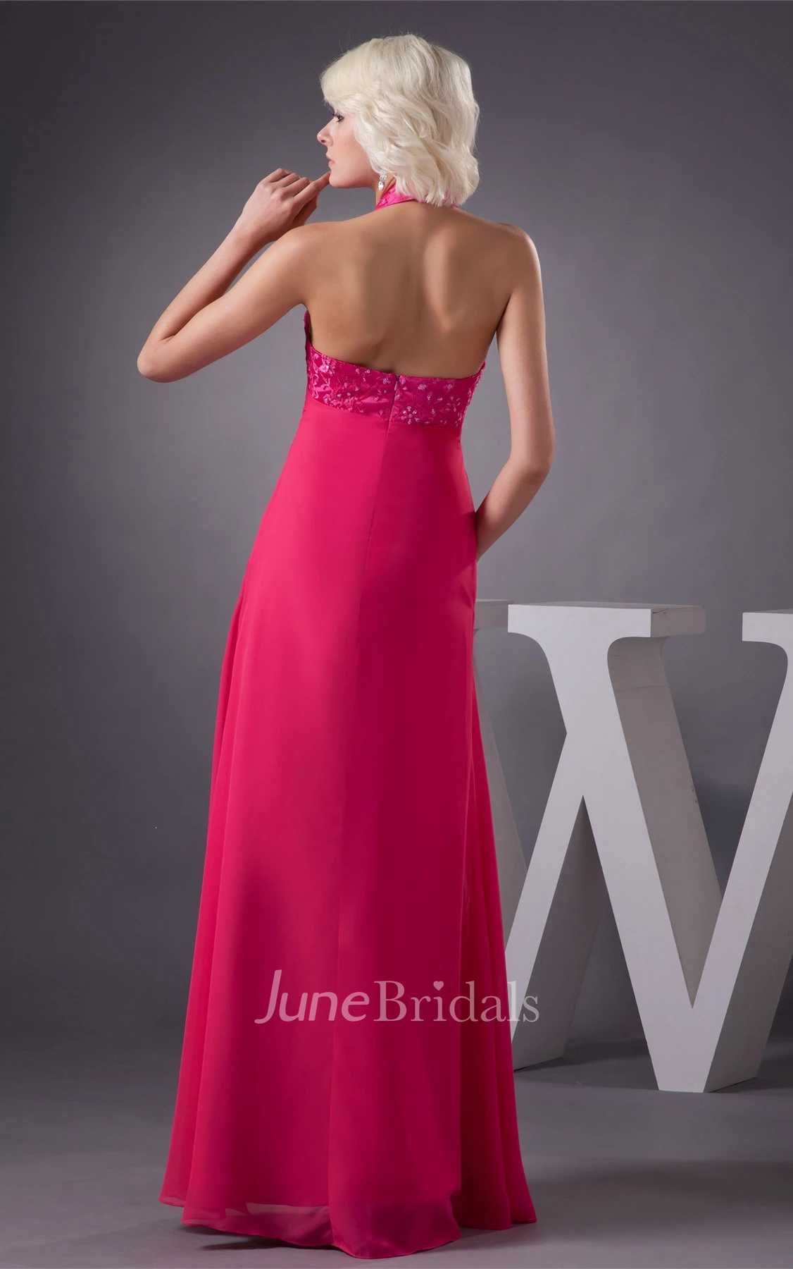 Sleeveless Ankle-Length Jeweled Dress with Bow and Halter