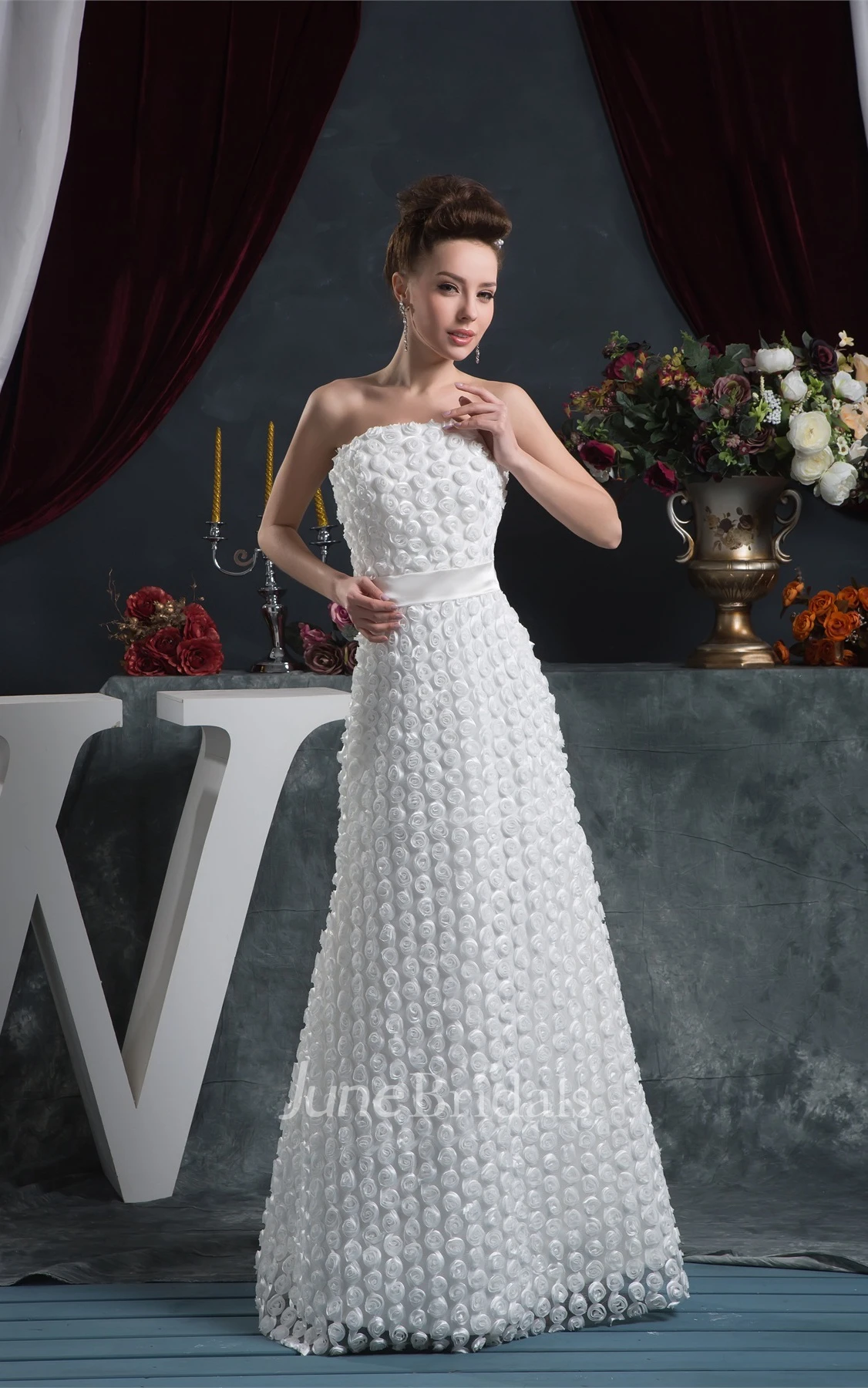 Floral Strapless A-Line Floor-Length Dress with Cinched Waist