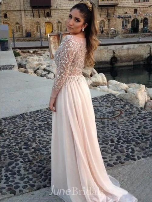 Glamorous Long Sleeve Beadings Prom Dresses Long Chiffon