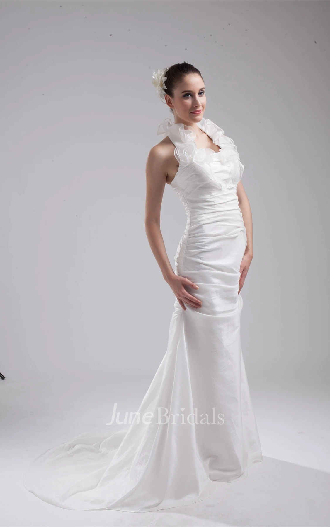 Sleeveless Ruched Mermaid Dress with Ruffled Neckline