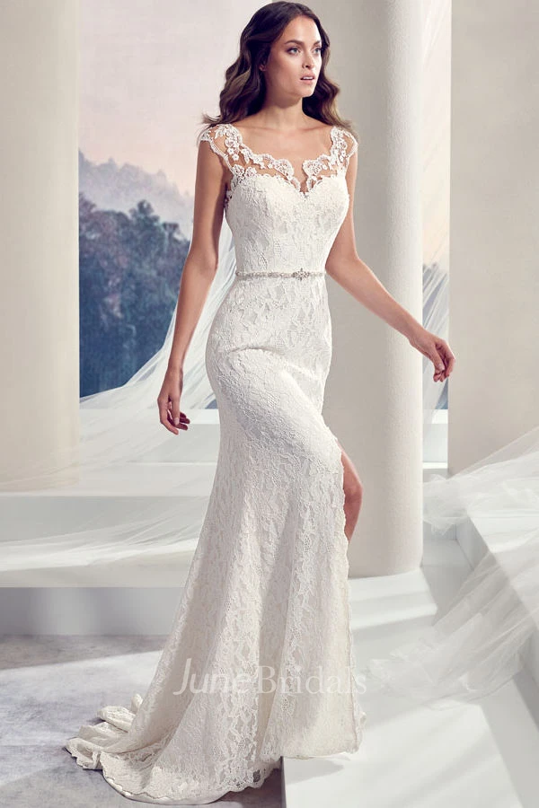 Floor-Length Square Split-Front Jeweled Lace Wedding Dress
