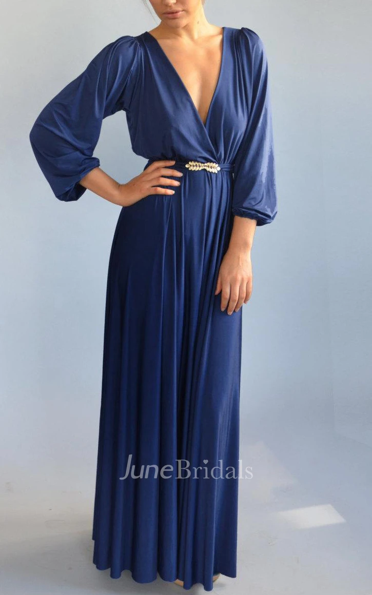 Fall Blue Evening Floor Length Bell Shape Golden Feather Belt Full Circle Skirt Dress