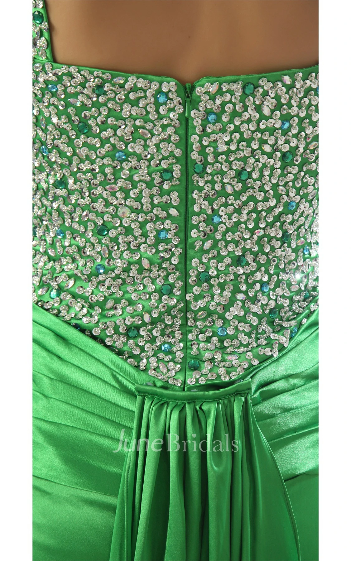 Spaghetti-Straps Front-Split Ruched Gown with Crystal Detailing and Brush Train