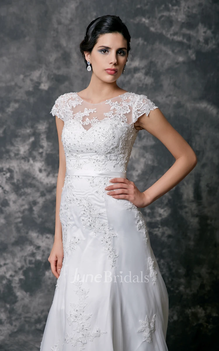 Cap Sleeve High Neck Beaded Lace Wedding Dress