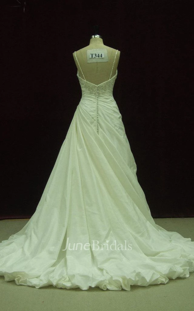 Strapped Lace Satin Weddig Dress With Pleats