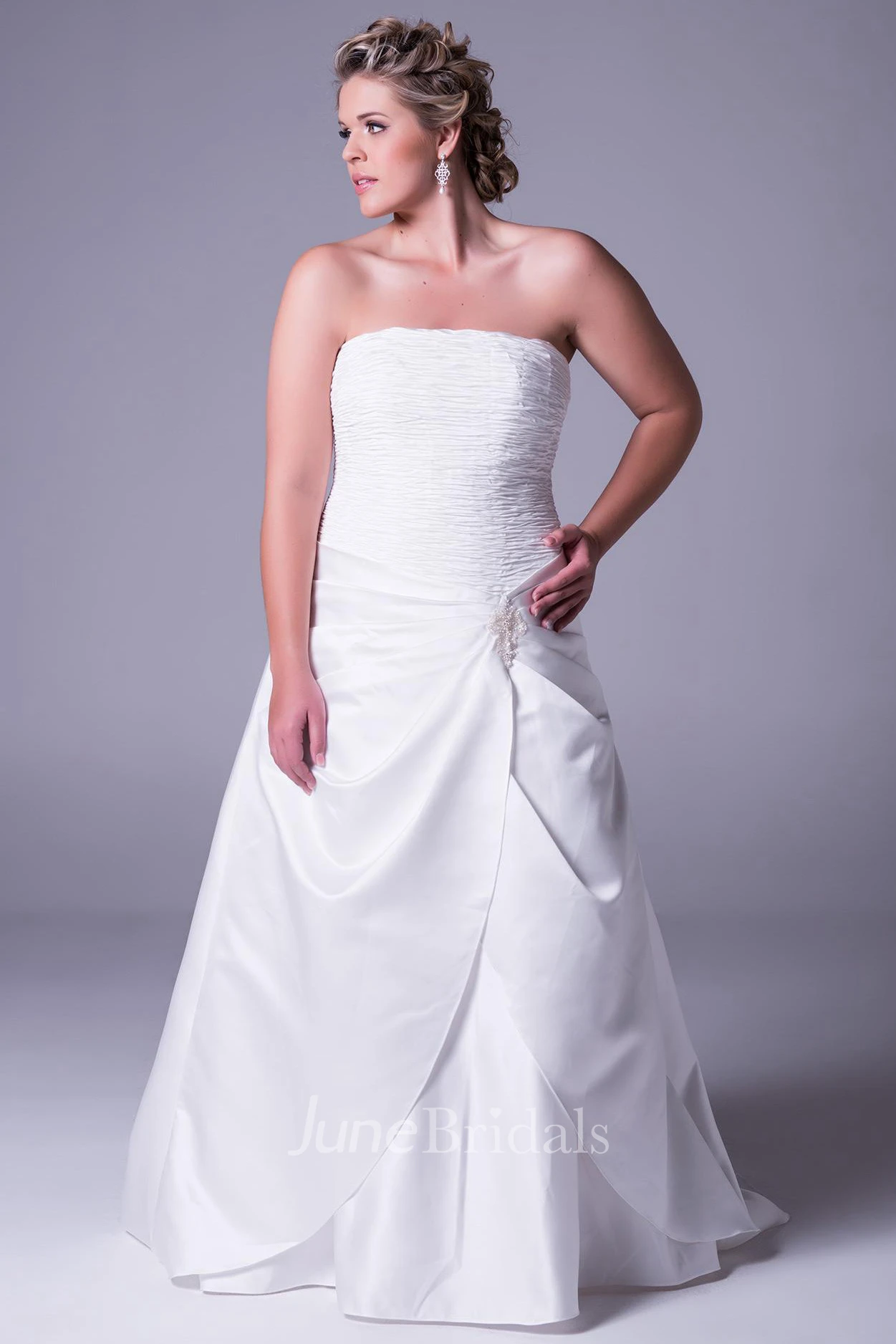 Floor-Length Strapless Satin Plus Size Wedding Dress With Ruching And Zipper