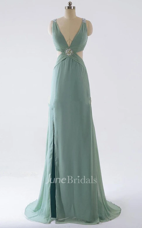 Sheath V-neck Chiffon Dress With Sweep Train 