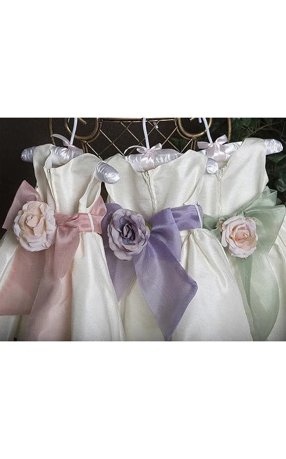 Sleeveless Jewel Neck A-line Satin Dress With Organza Sash and Pin-On Flower