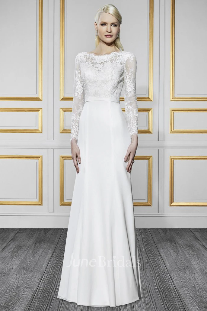 Bateau Long Long-Sleeve Appliqued Chiffon Wedding Dress With Sweep Train And V Back