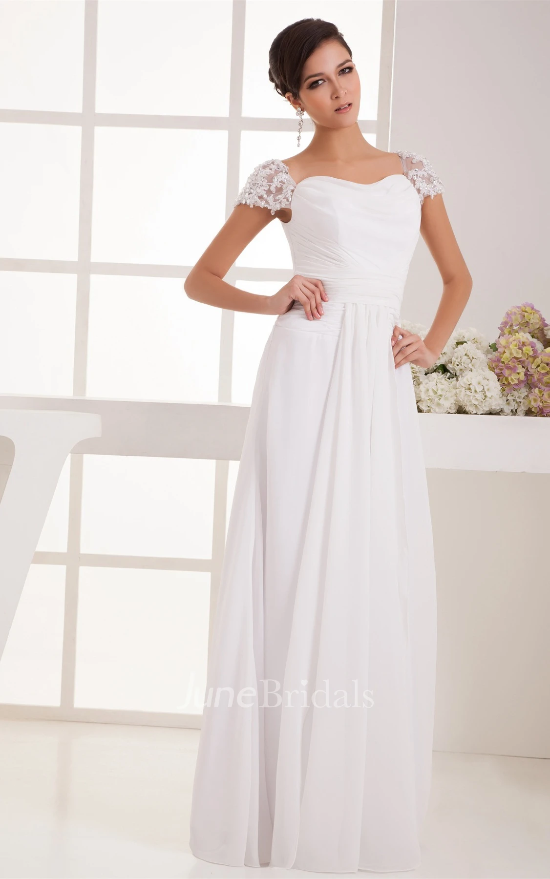 Caped-Sleeve Chiffon Maxi Dress with Ruching and Pleats